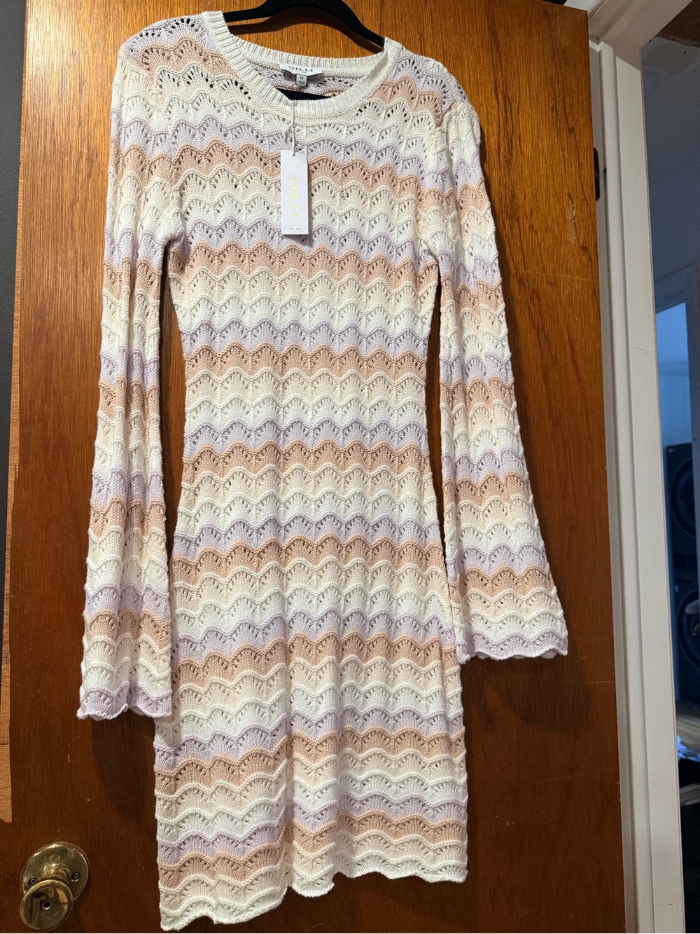 Gilli Cream, Tan & Lavender Crochet Long-Sleeve Dress